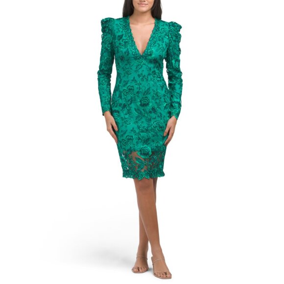 TADASHI SHOJI Pine Long Sleeve Lace Puff Sleeve Midi Dress